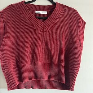Zara Ribbed V-Neck Sweater Vest in Wine Red